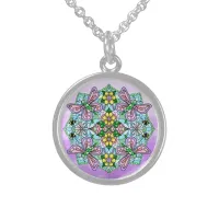 Pink Butterfly and Flowers Mandala   Sterling Silver Necklace