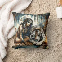 Native American Woman With a Tiger in Nature Throw Pillow