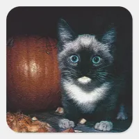 Kitten and Pumpkin for Halloween Square Sticker