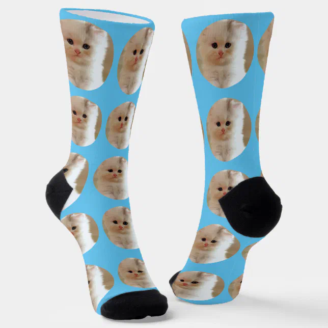 Custom Cute Pet Photo Cat Pattern Blue Socks