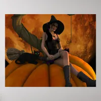 Witch and Cat on Giant Pumpkin  Poster