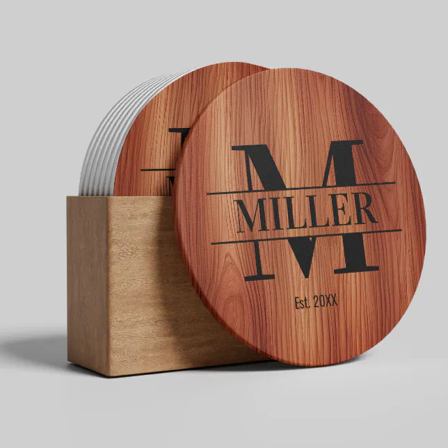 Monogram Initial Family Name Wood Grain Round Paper Coaster
