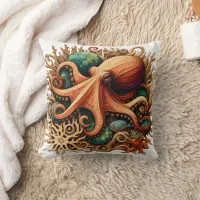 Colorful Octopus Among Coral Reef Habitat Throw Pillow