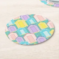 Pastel Striped Beach Hut Patterned Coastal Round Paper Coaster