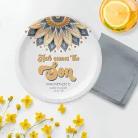 Boho Blue Sunflower Retro Typography Baby Shower Paper Plates