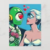 One Eyed Alien Woman and Green Robot in Love Postcard