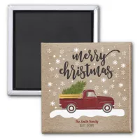 Vintage Red Truck With Christmas Tree Retro Magnet