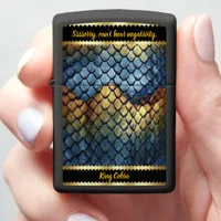 Intricate patterns of natural snakeskin on display zippo lighter