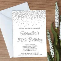 Silver Confetti Glitter White 50th Birthday Invitation