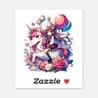 Anime Girl on Unicorn Birthday  Sticker