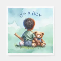 Baby Boy of Color with his Teddy Bear Baby Shower Napkins