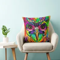 Owl with Colorful Feathers Quirky AI Art Throw Pillow