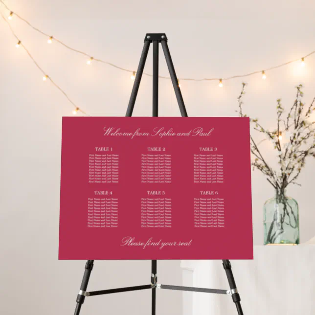 Carmine Magenta 6 Table Wedding Seating Chart Foam Board