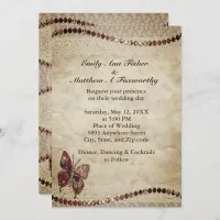 Antique Parchment, Lace, Beads & Butterfly Wedding Invitation