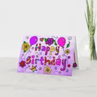 Happy Birthday with Whimsical Flowers and Balloons Card