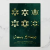 Modern Green Gold Snowflakes Business    Foil Holiday Card