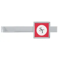 Custom Monogram Initials White Circle Red Square Silver Finish Tie Bar