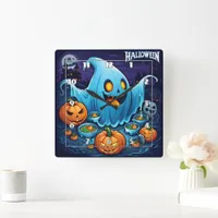 A playful Halloween ghost with pumpkins at night Square Wall Clock