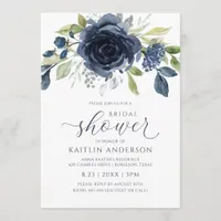 Bridal Shower Navy Blue Floral Watercolor Silver Invitation