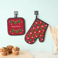 Christmas tree forest, snowflakes, red blue dots oven mitt & pot holder set