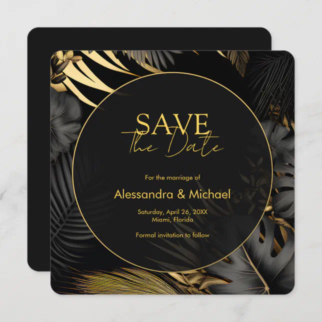 Modern Black Gold Tropical Wedding Save The Date Invitation
