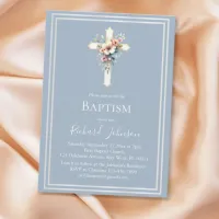 Dusty Blue Floral Cross Baptism Invitation