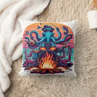 Octopus Playing Drums by a Colorful Campfire Throw Pillow