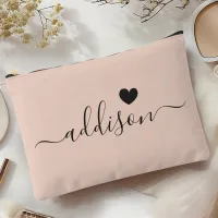 Bridesmaid Modern Script Peach Beige Heart Accessory Pouch