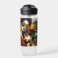 Colorful Art Mom and Daughter Asian Flower Garden Water Bottle