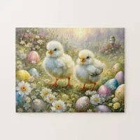 Cute chicks in a meadow with Easter eggs, vintage  Jigsaw Puzzle