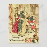 Merry Christmas, Vintage Lady and Children Dancing Holiday Postcard