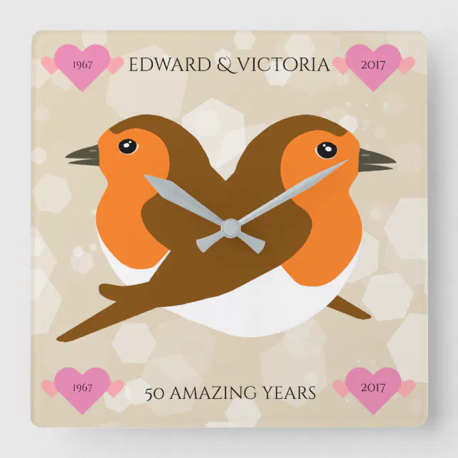 European Robins Lovebirds Any Year Anniversary Square Wall Clock