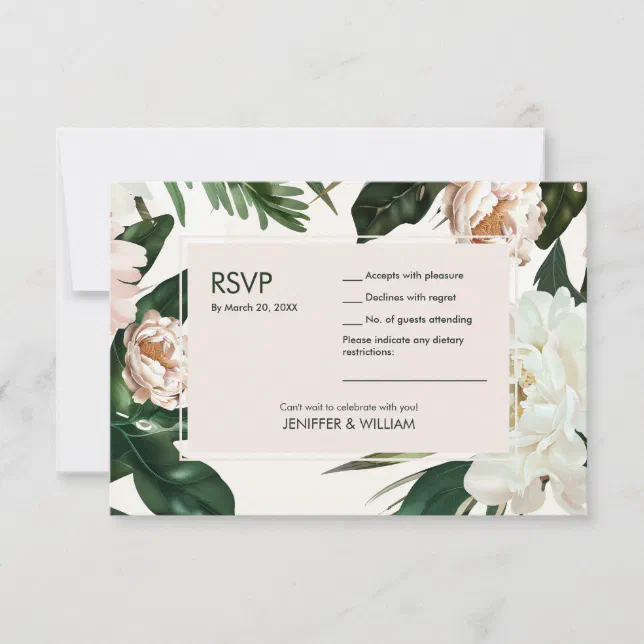 Peach White Peonies & Green Leaves Floral Wedding RSVP Card