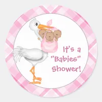 Stork & Triplet Girls (dark skin) Baby Shower Classic Round Sticker