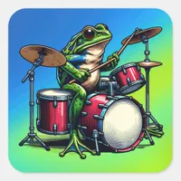 Funny Cartoon Frog Playing the Drums Square Sticker