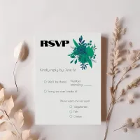 Dark Green & Navy Blue Floral Wedding RSVP Card