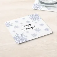 Blue and White Winter Snowflakes Happy Holidays Square Paper Coaster