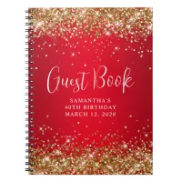 Gold Glitter Red Ombre 40th Birthday Guest Notebook