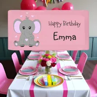 Cute baby elephant in pink for girls, hand drawn,  banner