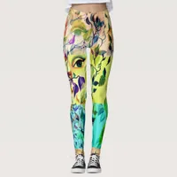 Handpainted Elegant Feminine Eyes Colorful Leaves  Leggings