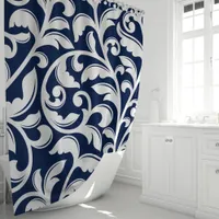 Navy Blue Damask Floral Vine Shower Curtain