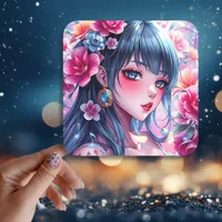 Pretty Anime Girl with Blue Eyes   Square Sticker