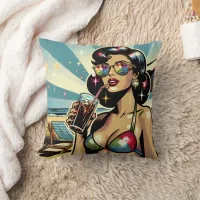 Beautiful Pinup Woman with a Cola on the Beach Throw Pillow