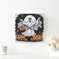 Ghost haunting pumpkins on Halloween Square Wall Clock