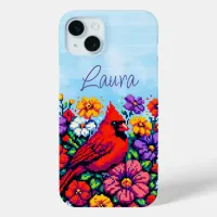 Red Cardinal and Flowers Pixel Art Personalized Case-Mate iPhone Case