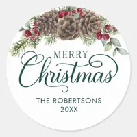 Watercolor Pine Cone Script Merry Christmas Green Classic Round Sticker