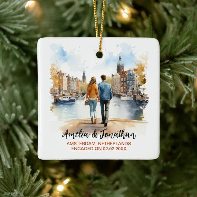 Couple at Amsterdam Netherlands Watercolor Travel Ceramic Ornament
