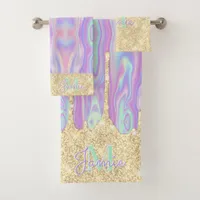 Monogram Metallic Gold Glitter Drip & Iridescent Bath Towel Set