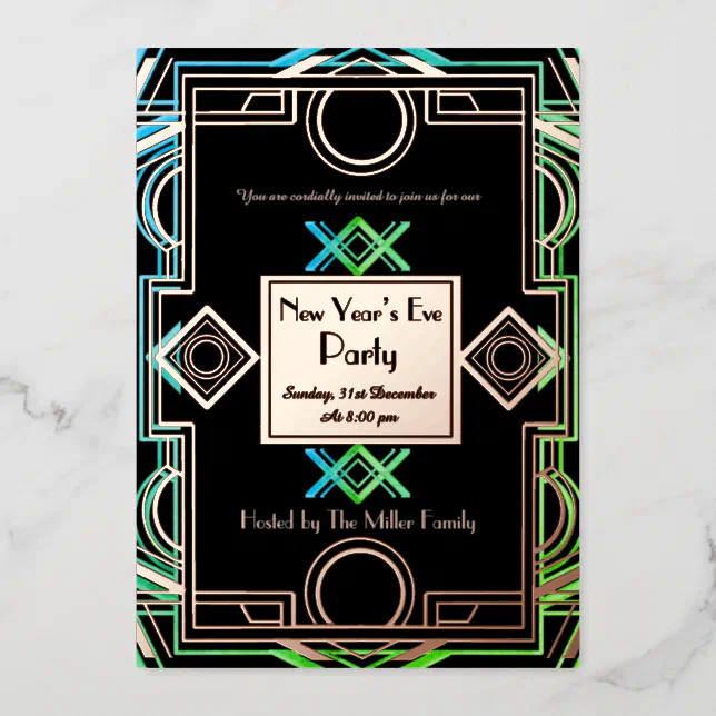 The roaring twenties with pink gold and green foil invitation