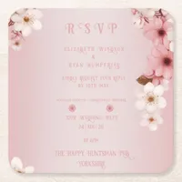 Elegant Floral Blossom Wedding Invitation Design Square Paper Coaster